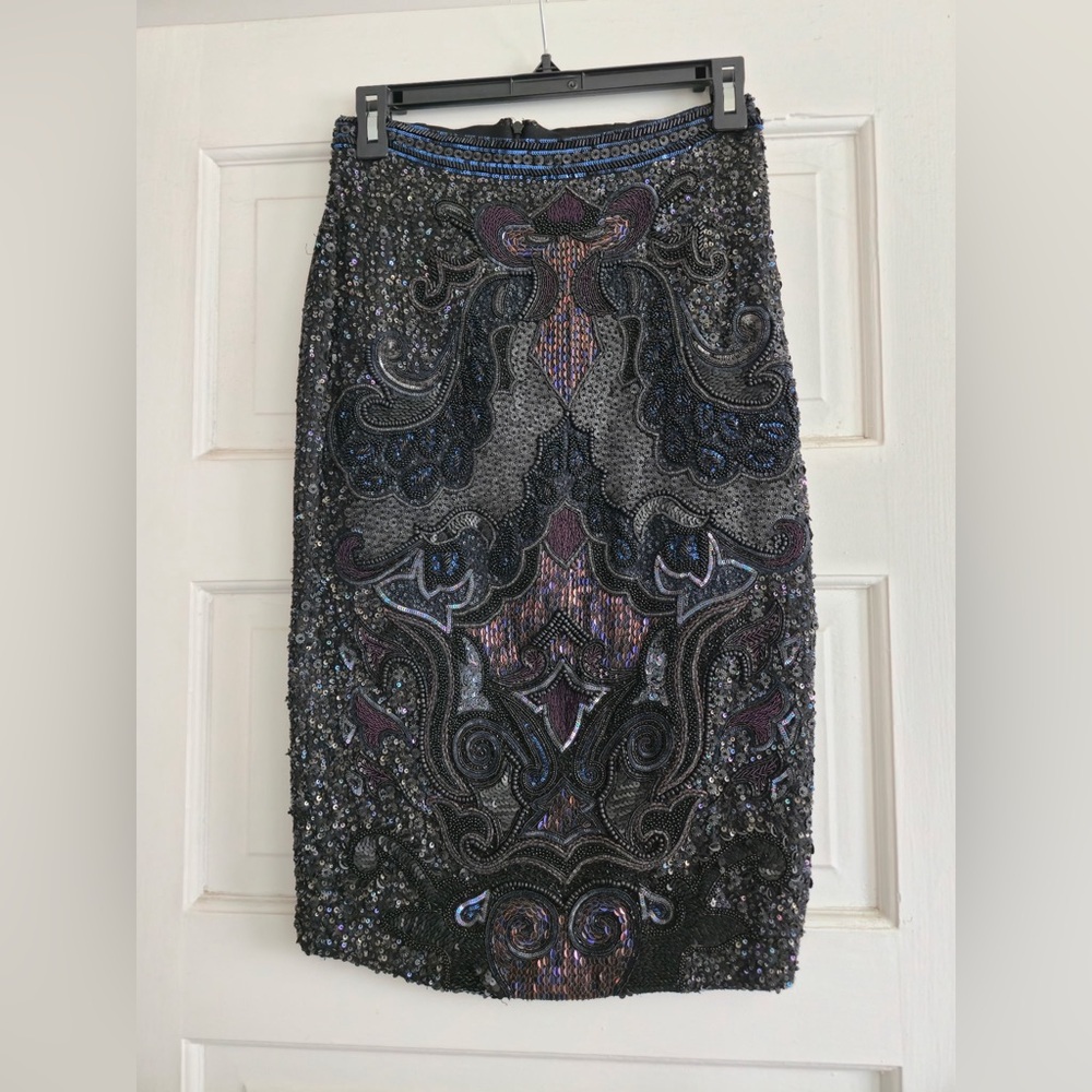 All Saints Black and Purple Beaded Pencil Skirt